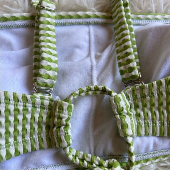Xhiliration green and white check stripe retro style bikini top size D/D - Picture 7 of 8